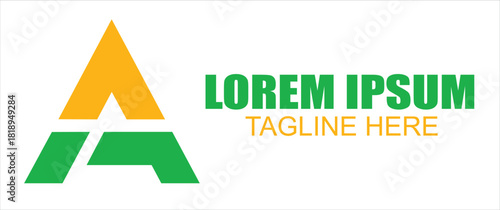 Abstract letter a logo design with green and yellow elements, featuring placeholder text lorem ipsum and tagline here, ideal for branding, corporate identity, or startup businesses, isolated on white 