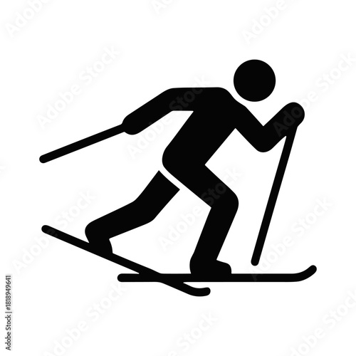 Silhouette of an alpine skier in dynamic motion, descending a slope with ski poles. Iconic representation of winter sports and downhill skiing activity. Vector icon.