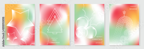 Christmas and Happy New Year vector illustration with soft gradient colors, festive ornaments, trees and holiday elements — elegant design for cards, posters and prints.