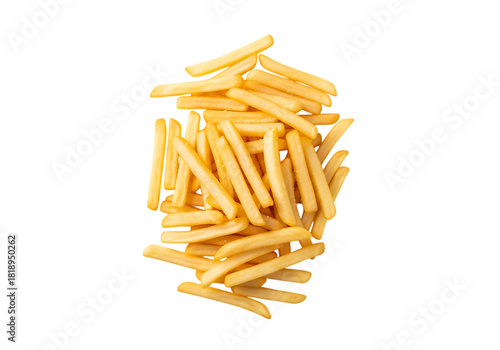 Pile of golden crispy french fries, a popular fast food snack, isolated on transparent background