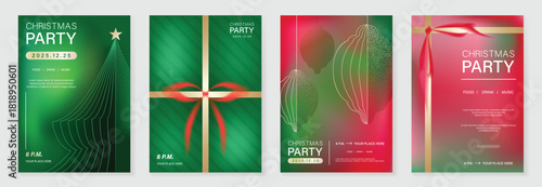 Christmas and Happy New Year vector illustration with soft gradient colors, festive ornaments, trees and holiday elements — elegant design for cards, posters and prints.