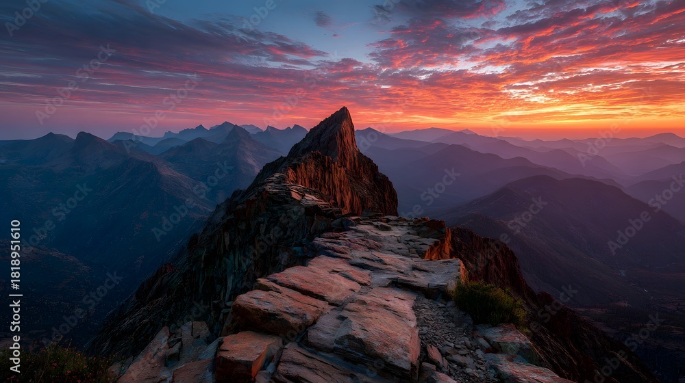 Obraz premium View from a mountain summit, looking along a sharp, rocky ridge at a spectacular, fiery sunset that fills the sky with orange and pink clouds.