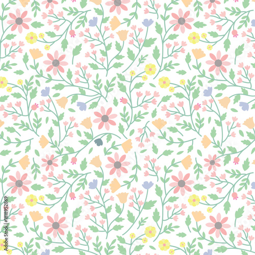 Beautiful floral pattern in small vintage flowers. Small blue, orange and white flowers. Coral background. Ditsy print. Floral seamless background. Gentle template for fashion prints. Stock pattern.
