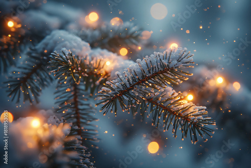 christmas tree with lights, snow and green leaves