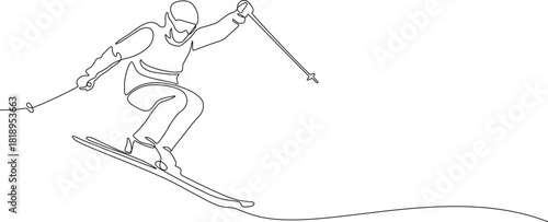 Freestyle skier jumping with poles drawn in single continuous line. Minimalist vector illustration isolated on white background. Winter sports concept 