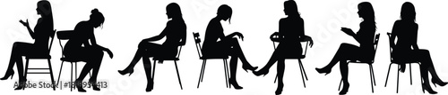 Set of black silhouettes of women sitting on chairs in various poses, vector illustration isolated on white background.