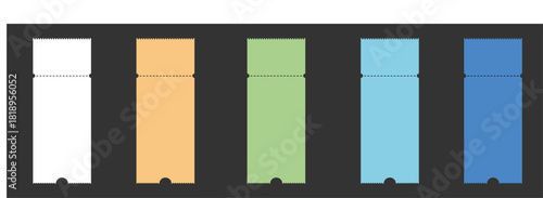 Five colorful vertical tickets or coupons with torn edges and dotted lines, featuring white, orange, green, light blue, and dark blue colors