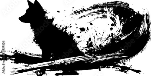 Grunge ink splatter illustration of fox silhouette with japanese brushstroke style
