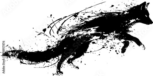 Dynamic black ink fox silhouette with splatter effect for minimalist design
