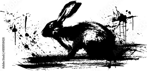 Black ink splatter hare silhouette illustration with grunge elements for artistic design