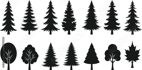 PrintLarge Black Silhouette Vector Set of Twelve Diverse Trees, Including Detailed Conifers, Maples, and Deciduous Shapes, Ideal for Landscape Design and Nature Graphic Icons