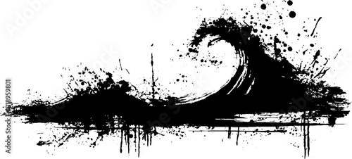 Dramatic japanese wave in black ink splatter silhouette for minimalist design