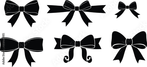 Collection of six black ribbon bows with white outlines on white background vector