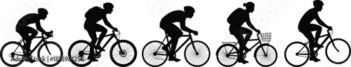 Five black silhouette cyclists riding bicycles on white background cycling black and white