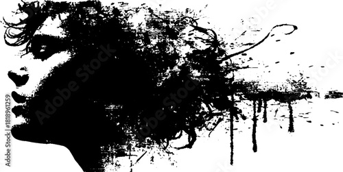 Abstract male profile in black ink splatter silhouette for artistic design
