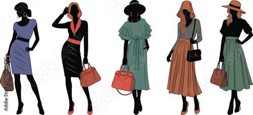 Five fashionable women silhouettes in stylish outfits and handbags style