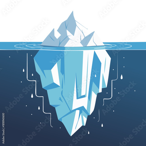 Illustration of an iceberg with a small portion visible above the water and a much larger, complex structure hidden beneath the surface.
