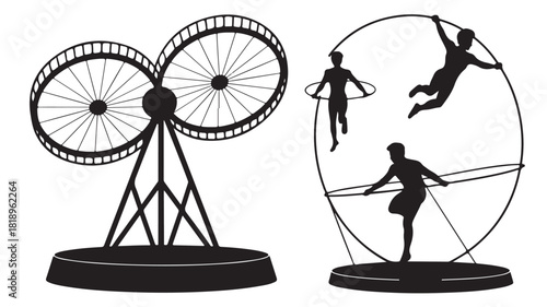 Silhouette illustration of people running in hamster wheels representing work stress and the rat race isolated on white background