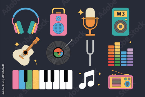 Vector illustration of colorful retrostyle music and audio equipment icons, including headphones, speakers, microphones, vinyl records, and musical instruments