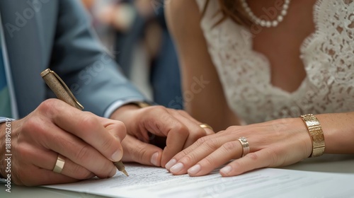 Closeup of bride and groom signing a prenuptial agreement, hands adorned with elegant jewelry, wearing formal wedding attire, indoor ceremony with soft background blur, commitment and legal formality