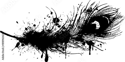 Black ink splatter illustration of peacock feather silhouette for artistic design