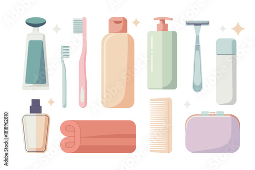 Vector illustration of various personal hygiene and beauty products for daily care, such as shampoo, toothpaste, razor, and towel, isolated on