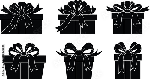 Six black gift boxes with white ribbon bows on white background present