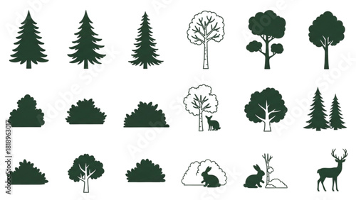 Diverse Collection of Forest Trees, Bushes and Woodland Animal Silhouettes