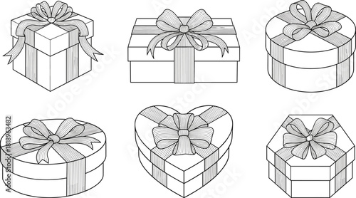 Six different gift boxes with bows in various shapes and sizes present package