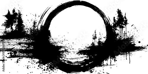 Black ink splatter with round blot and trees creating grunge effect for creative design