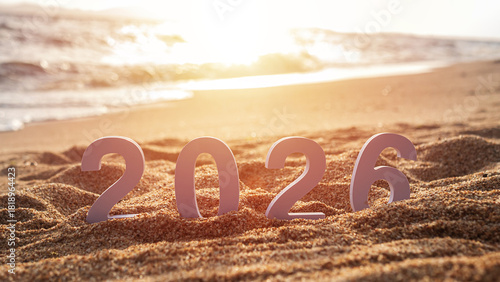 number 2026 for new year sign on summer beach at sunset, with ripple sea wave and beautiful nature at background, 2026 New Year celebration concept