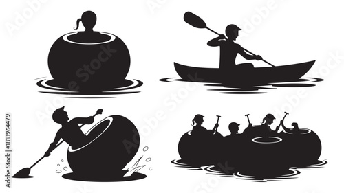 Set of black silhouette water sport icons including kayaking rafting and tubing vector illustration isolated on white background