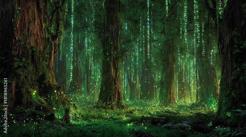 Fototapeta premium Enchanted forest with glowing digital code and mystical lights