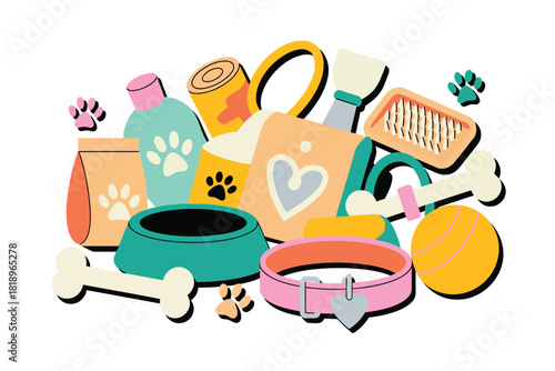 Vector illustration of dog care essentials food, bowls, collar, leash, toys, brush, shampoo, and bones, isolated on