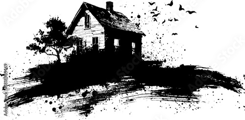 Black ink splatter house with birds and tree in grunge style