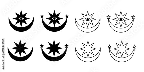 Mystical eye in celestial star and crescent symbols in black and white variations