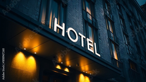Glowing hotel sign on modern building facade at night entrance