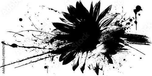 Sunflower silhouette with black ink splatter brushstroke art for minimalist design