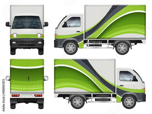 Small box truck wrap vector mockup for corporate identity or vehicle branding. View from the side, front, rear. All elements in the groups are in separate layers for easy editing and recolor