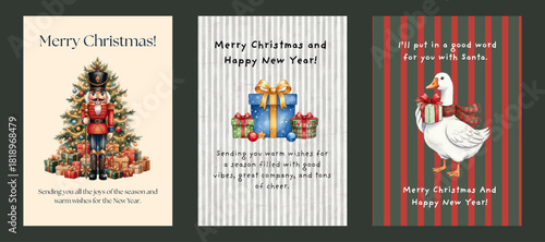 Printable Watercolor Christmas Cards Collection. Greetings Postcards. Beautiful Watercolor illustrations. A6 Size Format. Happy Holidays. Goose - Christmas Gifts - Nutcracker Solider.