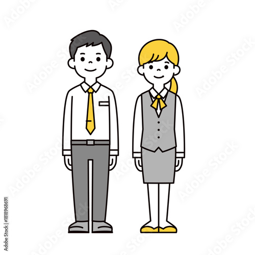 制服・スーツを着た若い男女の銀行員・新入社員・ビジネスマンの全身ベクターイラスト素材セット