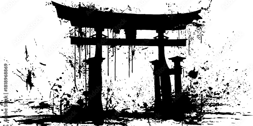 Fototapeta premium Abstract ink splatter with japanese torii gate silhouette for minimalist design