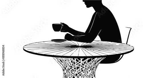 Silhouette of a person enjoying a cup of coffee at a uniquely designed table
