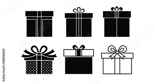 Set of six black and white gift box silhouette icons