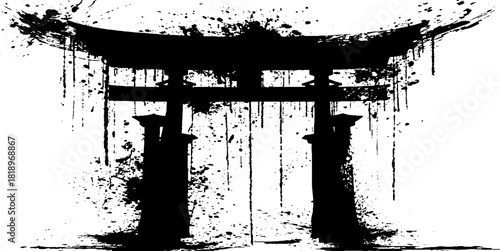 Black ink splatter torii gate silhouette design for minimalistic japanese art