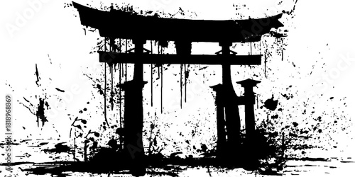 Abstract ink splatter with japanese torii gate silhouette for minimalist design