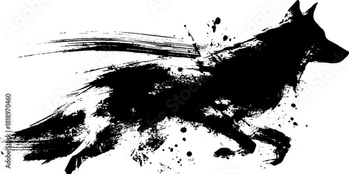 Dynamic wolf silhouette with black ink splatter for artistic design