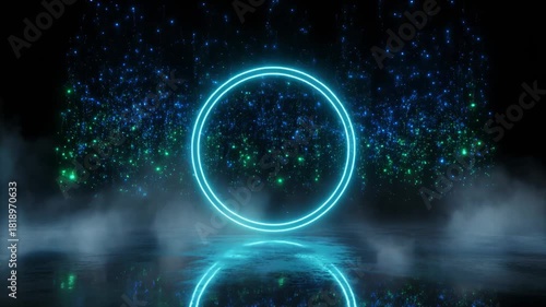 Glowing Neon Circle With Blue Green Particles And Smoke On Reflective Surface abstract background