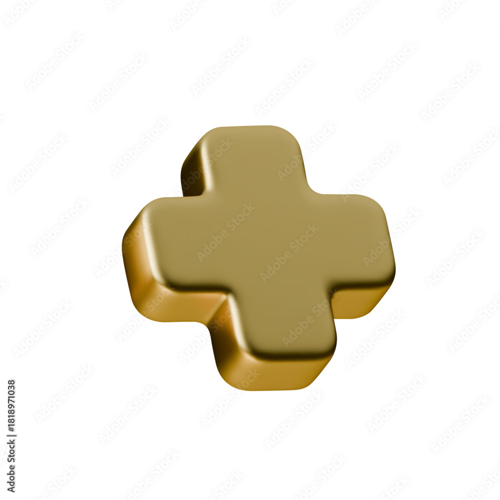 Obraz premium 3D gold plus icon with smooth metallic texture. Glossy golden cross symbol isolated on white background, clean medical and UI element with a polished realistic finish