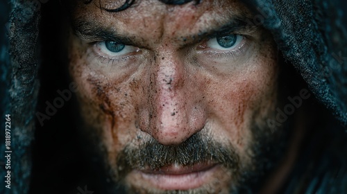 A close-up of a man's face, showing signs of struggle with dirt smudges and blood. His intense gaze tells of a hard-won battle or ordeal.